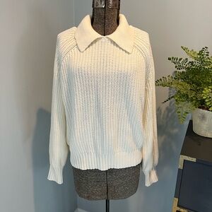 White Crew Neck Sweater with Textured Knit and Relaxed Fit